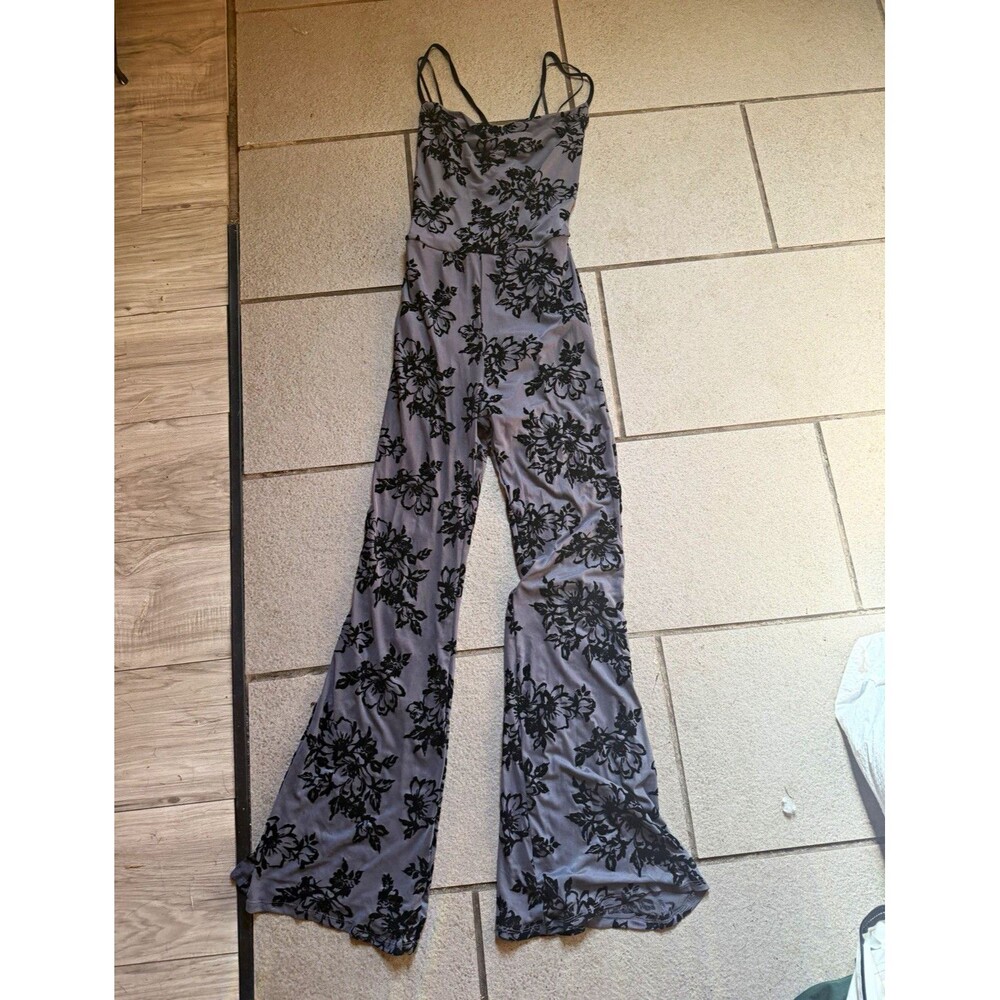 Open Back Flare Leg Floral Pattern Goth Jumpsuit